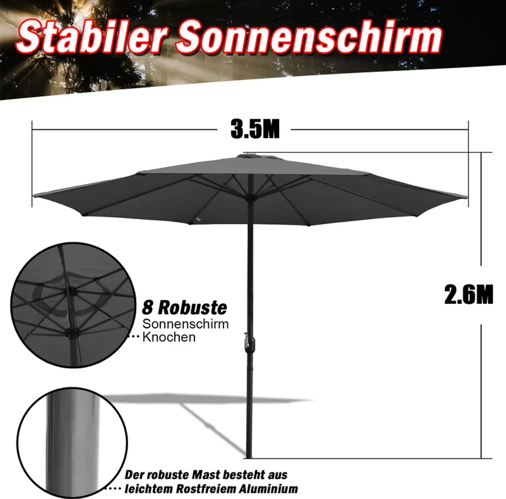 EINFEBEN 3.5m Sonnenschirm Gartenschirm Wasserabweisend Terrassenschirm UV40+ Mit Handkurbel Balkon Marktschirm,Grau,3.5m 2 EINFEBEN 3.5m Sonnenschirm Gartenschirm Wasserabweisend Terrassenschirm UV40+ Mit Handkurbel Balkon Marktschirm,Grau,3.5m - Image 2