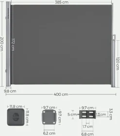 SONGMICS Alu Seitenmarkise 200 X 400 Cm 280 G/m² Ausziehbar Sichtschutz, Sonnenschutz Für Balkon & Terrasse Anthrazit GSA204G01 -Stil Beet Verkaufsgeschäft 0c833d2b23e18f2081254f74b7360823
