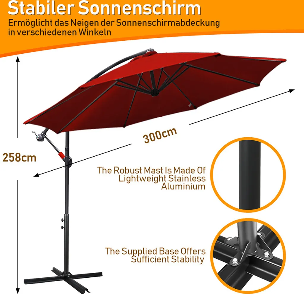 EINFEBEN 3m Sonnenschirm Gartenschirm Mit LED Solar Ampelschirm Pavillon Kurbelsonnenschirm Alu,Rot,3m 2 EINFEBEN 3m Sonnenschirm Gartenschirm Mit LED Solar Ampelschirm Pavillon Kurbelsonnenschirm Alu,Rot,3m - Image 2