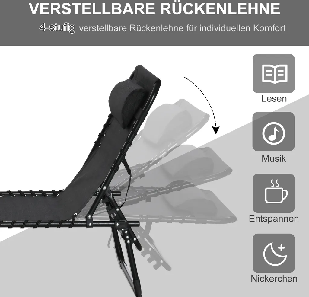 Outsunny Sonnenliege Faltbar Gartenliege Klappliege Garten 4-stufige Rückenlehne Verstellbar Stahl Mesh-Stoff Schwarz 197 X 58 X 76 Cm 4 Outsunny Sonnenliege Faltbar Gartenliege Klappliege Garten 4-stufige Rückenlehne Verstellbar Stahl Mesh-Stoff Schwarz 197 X 58 X 76 Cm - Image 4