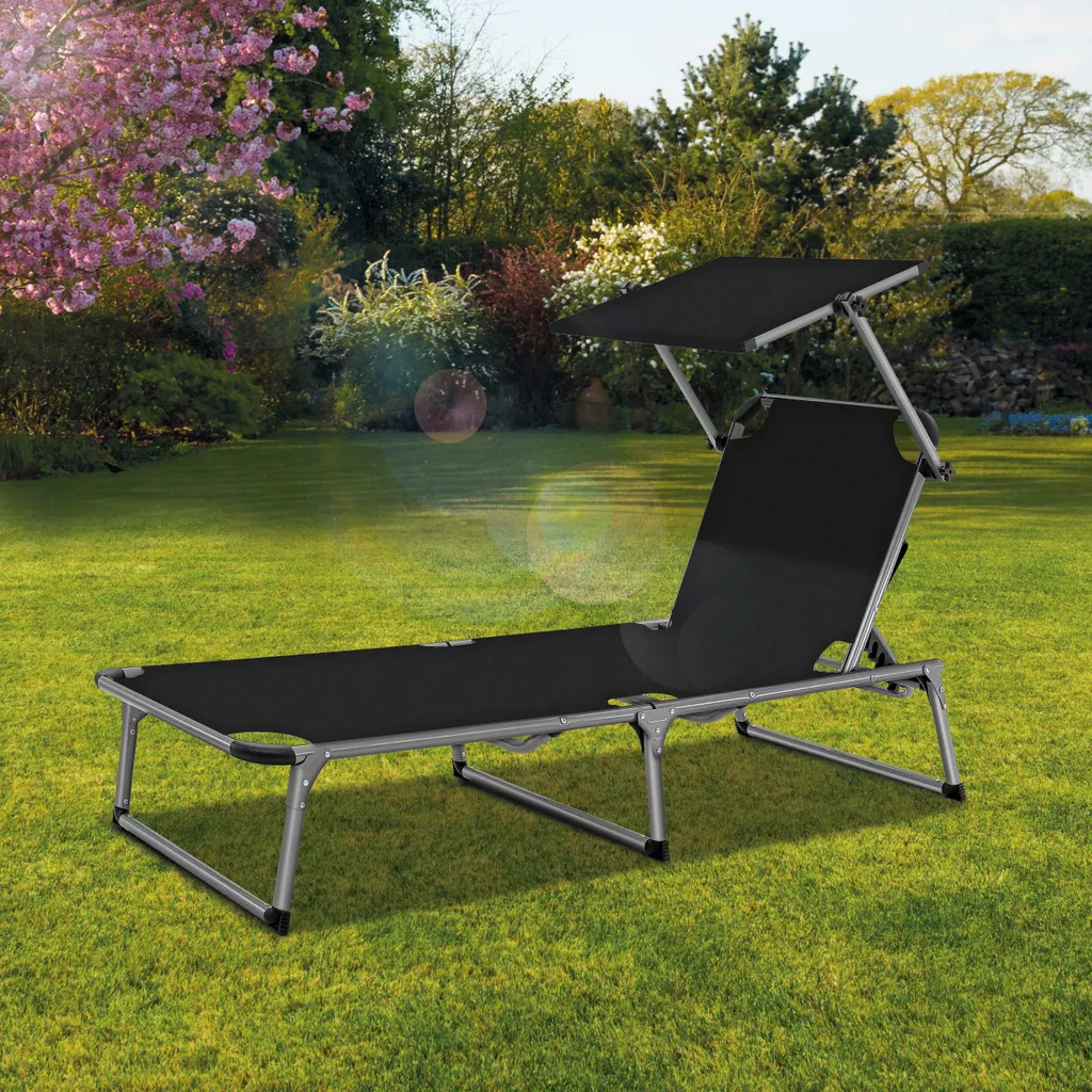 Tillvex® Sonnenliege Mit Dach Schwarz | Gartenliege Klappbar | Liegestuhl Mit 6-fach Verstellbarer Rückenlehne Und Tragegriff 7 Tillvex® Sonnenliege Mit Dach Schwarz | Gartenliege Klappbar | Liegestuhl Mit 6-fach Verstellbarer Rückenlehne Und Tragegriff - Image 7