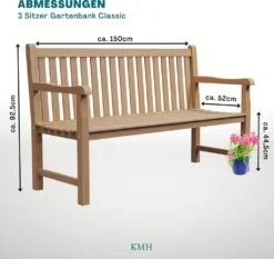 KMH®TEAK Gartenbank 3-Sitzer *Classic* B 150 X H 92,5 X T 52 Cm, Teakholz -Stil Beet Verkaufsgeschäft 2001bcf4ef28d37eeb38f1acd6887fbf