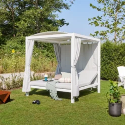 HOME DELUXE Sonnenliege LYON - Mit Abdeckung - 208 X 188 X 207 Cm - 3-fach Verstellbare Rückenlehne, Inkl. Auflagen & Vorhänge |Gartenliege Mit Sonnendach, Doppelliege, Doppel-Sonnenbett