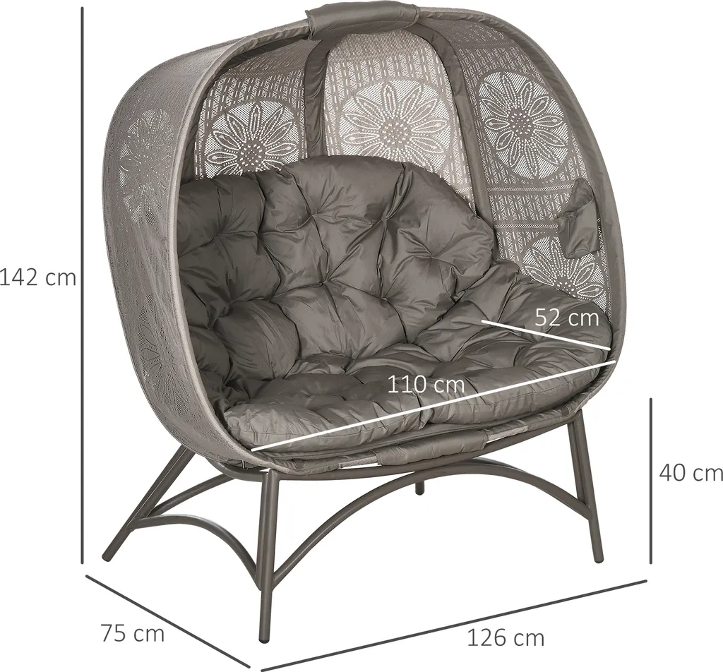 Outsunny Gartenstuhl 2-Sitzer, Korb-Stuhl Mit Faltbarem Korb, Papasansessel Mit Kissen, Loungesessel Für Balkon, Terrasse, Stahl, Sand, 126 X 75 X 142 Cm 3 Outsunny Gartenstuhl 2-Sitzer, Korb-Stuhl Mit Faltbarem Korb, Papasansessel Mit Kissen, Loungesessel Für Balkon, Terrasse, Stahl, Sand, 126 X 75 X 142 Cm - Image 3