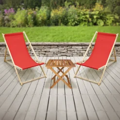 ECD Germany 2er Set Liegestuhl Mit Klapptisch, Rot, Aus Kiefernholz, Klappbar, Wetterfest, Verstellbar, Bleastbar Bis 120kg, Sonnenliege Gartenliege Gartentisch Beistelltisch Holztisch