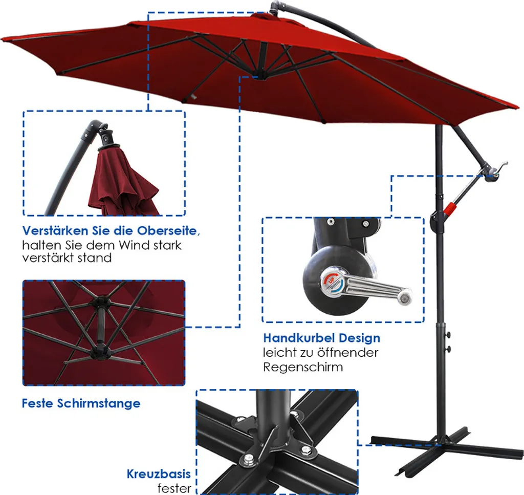 Lospitch 3m Sonnenschirm Ampelschirm Gartenschirm Terrassen UV40+ Marktschirm,Rot,3m 3 Lospitch 3m Sonnenschirm Ampelschirm Gartenschirm Terrassen UV40+ Marktschirm,Rot,3m - Image 3