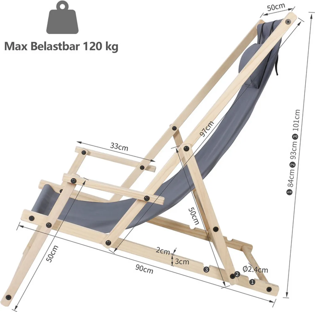 EINFEBEN Liegestuhl Campingstuhl Klappliege Strand Klappbar Sonnenstuhl Holz Sonnenliege Grau 4 EINFEBEN Liegestuhl Campingstuhl Klappliege Strand Klappbar Sonnenstuhl Holz Sonnenliege Grau - Image 4