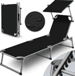 Tillvex® Sonnenliege Mit Dach Schwarz | Gartenliege Klappbar | Liegestuhl Mit 6-fach Verstellbarer Rückenlehne Und Tragegriff