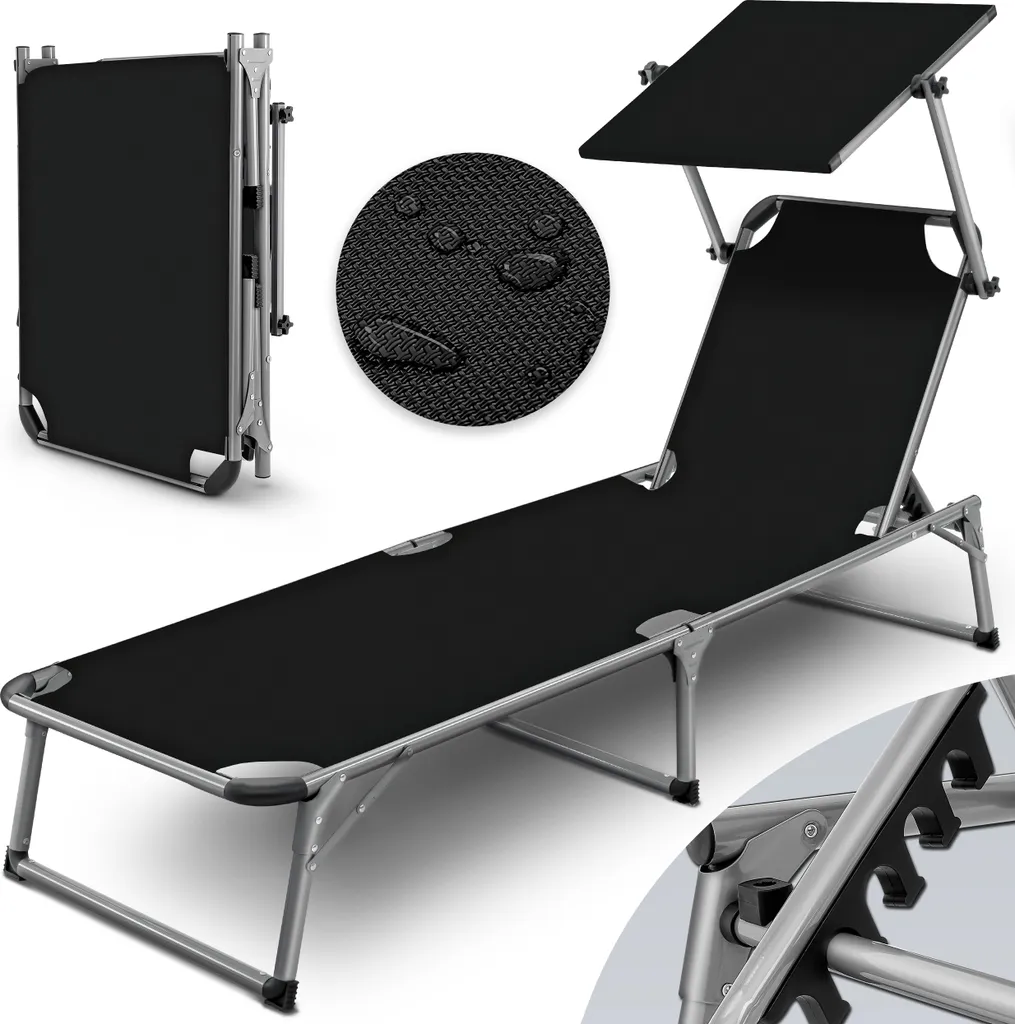 Tillvex® Sonnenliege Mit Dach Schwarz | Gartenliege Klappbar | Liegestuhl Mit 6-fach Verstellbarer Rückenlehne Und Tragegriff 1 Tillvex® Sonnenliege Mit Dach Schwarz | Gartenliege Klappbar | Liegestuhl Mit 6-fach Verstellbarer Rückenlehne Und Tragegriff