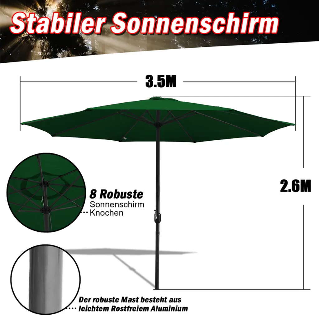 Lospitch 3.5m Sonnenschirm Gartenschirm Wasserabweisend Terrassenschirm UV40+ Mit Handkurbel Balkon Marktschirm,Grün,3.5m 2 Lospitch 3.5m Sonnenschirm Gartenschirm Wasserabweisend Terrassenschirm UV40+ Mit Handkurbel Balkon Marktschirm,Grün,3.5m - Image 2