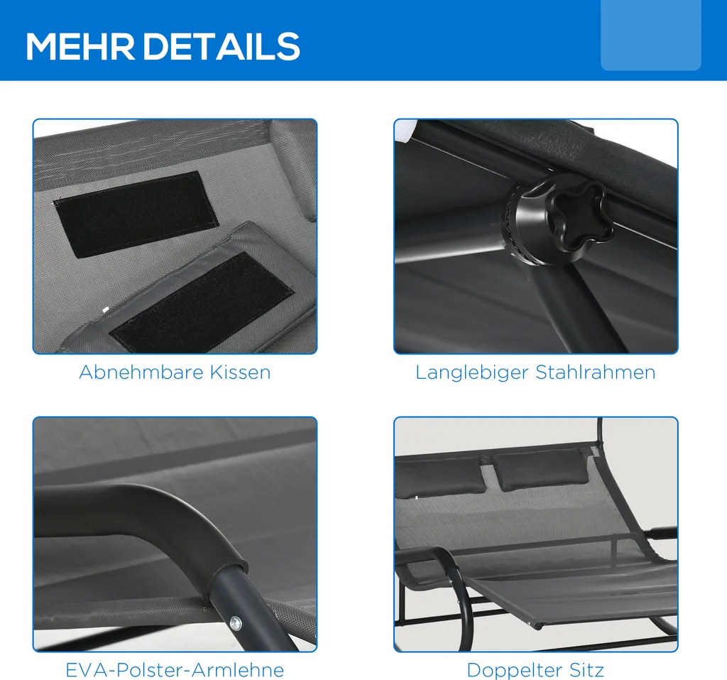 Outsunny Doppel-Sonnenliege Schaukelbank Mit Sonnendach, Schaukelsessel Mit Rollen, Gartenliege Mit Kopfkissen, 220 Kg Belastung, Für 2 Personen, Dunkelgrau, 200x139x140cm 6 Outsunny Doppel-Sonnenliege Schaukelbank Mit Sonnendach, Schaukelsessel Mit Rollen, Gartenliege Mit Kopfkissen, 220 Kg Belastung, Für 2 Personen, Dunkelgrau, 200x139x140cm – Bild 6