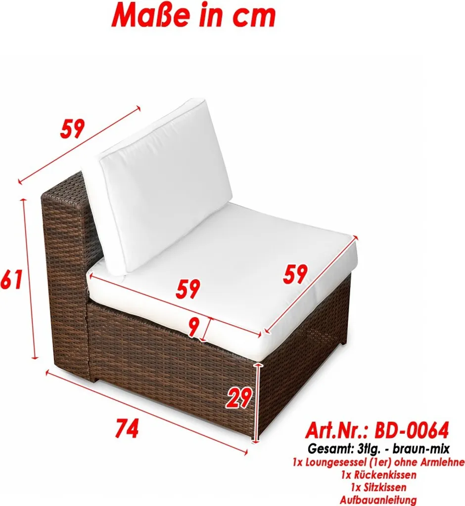 3tlg. (1er) Gartenmöbel Lounge Sessel Ohne Armlehne Polyrattan - Braun-mix 3 3tlg. (1er) Gartenmöbel Lounge Sessel Ohne Armlehne Polyrattan - Braun-mix – Bild 3