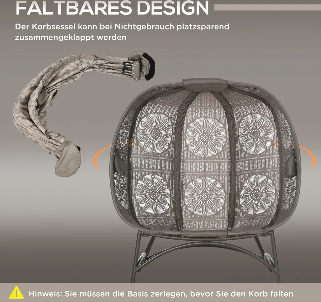 Outsunny Gartenstuhl 2-Sitzer, Korb-Stuhl Mit Faltbarem Korb, Papasansessel Mit Kissen, Loungesessel Für Balkon, Terrasse, Stahl, Sand, 126 X 75 X 142 Cm 6 Outsunny Gartenstuhl 2-Sitzer, Korb-Stuhl Mit Faltbarem Korb, Papasansessel Mit Kissen, Loungesessel Für Balkon, Terrasse, Stahl, Sand, 126 X 75 X 142 Cm - Image 6