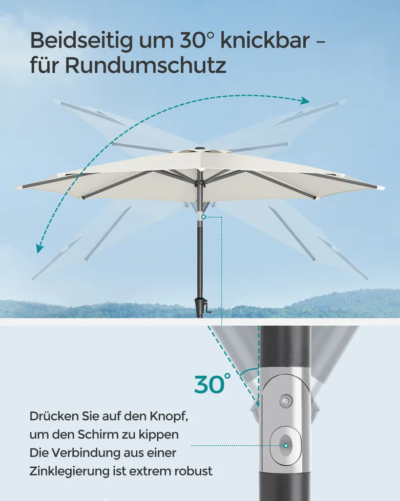 SONGMICS Sonnenschirm 300 Cm, UPF 50+, Beidseitig Um 30° Knickbar, Sonnenschutz, Mit Kurbel Zum Öffnen/Schließen, Beige GPU30BE 4 SONGMICS Sonnenschirm 300 Cm, UPF 50+, Beidseitig Um 30° Knickbar, Sonnenschutz, Mit Kurbel Zum Öffnen/Schließen, Beige GPU30BE - Image 4