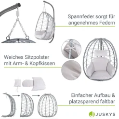 Juskys Hängesessel Aria Mit Kissen - Höhenverstellbar & Faltbar - Polyrattan Hängeschaukel Outdoor & Indoor - Korbhängesessel Silber Bis 130kg -Stil Beet Verkaufsgeschäft 4e69b3e1cdfe87f1627c4b3c14563d0c