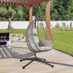 Juskys Hängesessel Aria Mit Kissen - Höhenverstellbar & Faltbar - Polyrattan Hängeschaukel Outdoor & Indoor - Korbhängesessel Silber Bis 130kg -Stil Beet Verkaufsgeschäft 513b699ac85ca2183c715d73ada86ed9