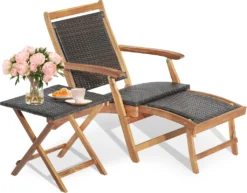COSTWAY Rattan Sonnenliege Mit Ausziehbarer Fußstütze & Beistelltisch, Klappbare Gartenliege 5 Stufen Verstellbar, Liege Bett Bis 160 Kg Belastbar Für Pool, Strand