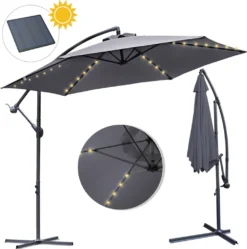Wolketon 3m-3.5m Sonnenschirm Mit LED Solar Neigbar Ampelschirm Balkonschirm Marktschirm UV40+ Gartenschirm,Grau,3.5m