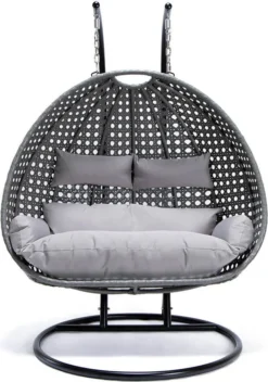 HOME DELUXE - Polyrattan Hängesessel TWIN Grau - Komplett Inkl. Regenabdeckung Hängestuhl Hängekorb Gartenliege
