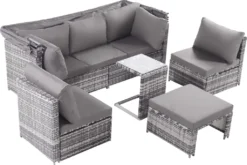 Merax Gartenmöbelset Polyrattan Mit Sonnendach Und Kissen Für 5 Personen, Loungeset Balkonmöbel Set Mit 3-Sitzer Sofa Inkl. Dach, 2x Einzelsessel, 1x Ottoman, 1x Tisch, 194 X 128 X 157 Cm -Stil Beet Verkaufsgeschäft 61317bc14d38370ebb0925b024fcd89d