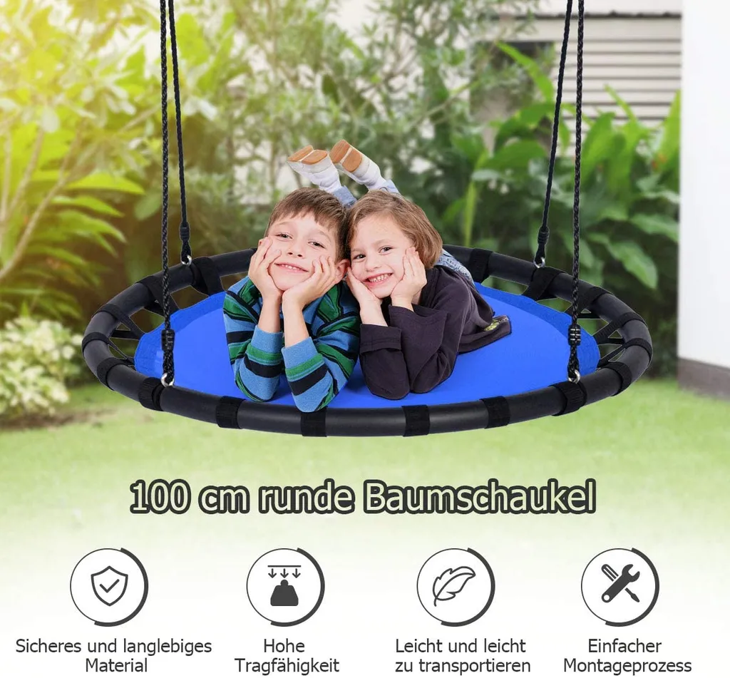 COSTWAY Ø100cm Nestschaukel Kinderschaukel, Rundschaukel 100-160cm Verstellbaren Seil, Baumschaukel 150kg Tragkraft, Tellerschaukel Hängeschaukel Blau 2 COSTWAY Ø100cm Nestschaukel Kinderschaukel, Rundschaukel 100-160cm Verstellbaren Seil, Baumschaukel 150kg Tragkraft, Tellerschaukel Hängeschaukel Blau - Image 2