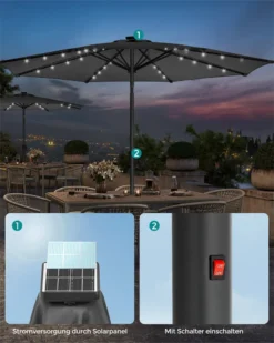 SONGMICS Sonnenschirm 300 Cm Mit LED-Solar-Beleuchtung, 32 LED-Lämpchen, UV-Schutz UPF 50+, Beidseitig Um 30° Knickbar, Ohne Ständer, Grau GPU33GY -Stil Beet Verkaufsgeschäft 684e1be7593af0b8996c53287c4bf8fe