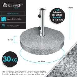 KESSER® Granit Sonnenschirmständer Mit Edelstahlrohr, Hochwertiger Schirmständer Sockel 25KG - Für Schirmstöcke Bis 16-48 Mm, Inkl. Transport Griff Garten Balkonschirmständer, Farbe:Grau, Größe:Rund -Stil Beet Verkaufsgeschäft 6b997a784ecb553e6c1244c8ccf2b0dd