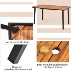 COSTWAY Gartentisch Esstisch Mit Schirmloch, Terrassentisch Akazienholz, Holztisch Rechteckig Metallrahmen Für 6-8 Personen 140x75x76cm -Stil Beet Verkaufsgeschäft 6ed815755eb227d4e2e6d2647c83b9c5