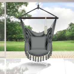 Tillvex Hängesessel Grau 2 Kissen Zum Aufhängen | Hängestuhl Mit Getränkehalter & Bücherfach | Hängesitz Wetterfest - Indoor & Outdoor | Hängekorb Mit Tragetasche Für Erwachsene & Kinder -Stil Beet Verkaufsgeschäft 6efb346a9a964acc40228a2f2f1b83d8