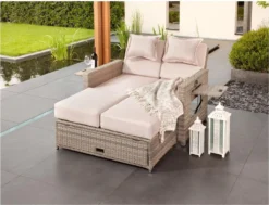 Greemotion Gartensofa / Loungebett Bahia Twin Aus Polyrattan, Sand-grau