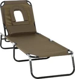 Outsunny Sonnenliege Gartenliege Relaxliege Dreibeinliege Mit Lesefenster Gesichtsöffnung Braun