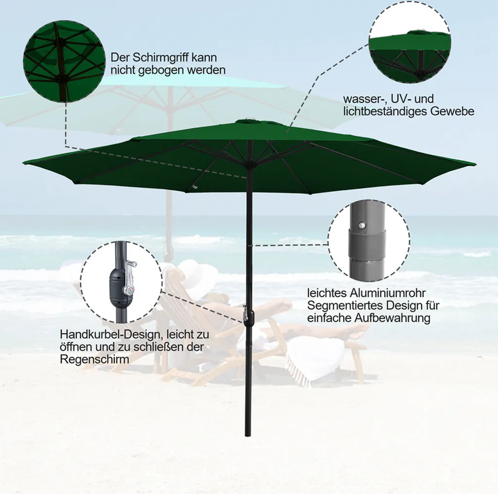 Lospitch 3.5m Sonnenschirm Gartenschirm Wasserabweisend Terrassenschirm UV40+ Mit Handkurbel Balkon Marktschirm,Grün,3.5m 3 Lospitch 3.5m Sonnenschirm Gartenschirm Wasserabweisend Terrassenschirm UV40+ Mit Handkurbel Balkon Marktschirm,Grün,3.5m - Image 3