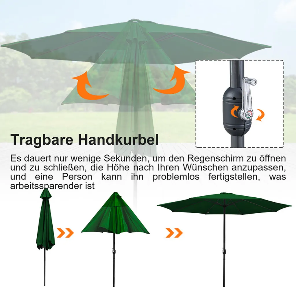 Lospitch 3.5m Sonnenschirm Gartenschirm Wasserabweisend Terrassenschirm UV40+ Mit Handkurbel Balkon Marktschirm,Grün,3.5m 4 Lospitch 3.5m Sonnenschirm Gartenschirm Wasserabweisend Terrassenschirm UV40+ Mit Handkurbel Balkon Marktschirm,Grün,3.5m - Image 4