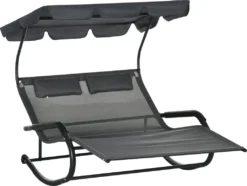Outsunny Doppel-Sonnenliege Schaukelbank Mit Sonnendach, Schaukelsessel Mit Rollen, Gartenliege Mit Kopfkissen, 220 Kg Belastung, Für 2 Personen, Dunkelgrau, 200x139x140cm