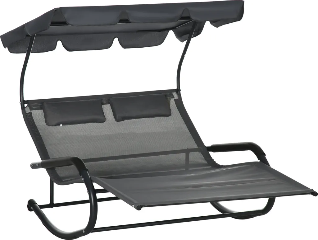 Outsunny Doppel-Sonnenliege Schaukelbank Mit Sonnendach, Schaukelsessel Mit Rollen, Gartenliege Mit Kopfkissen, 220 Kg Belastung, Für 2 Personen, Dunkelgrau, 200x139x140cm 1 Outsunny Doppel-Sonnenliege Schaukelbank Mit Sonnendach, Schaukelsessel Mit Rollen, Gartenliege Mit Kopfkissen, 220 Kg Belastung, Für 2 Personen, Dunkelgrau, 200x139x140cm
