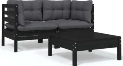 VidaXL 3-tlg. Garten-Lounge-Set Mit Kissen Schwarz Kiefer Massivholz