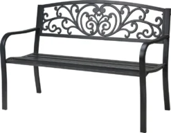 ECD Germany Gartenbank Mit Armlehnen & Rückenlehne Mit Muster, Schwarz, Aus Stahl Und Gusseisen, Wetterfeste Terrassenbank, Metallbank Für Garten Terrasse