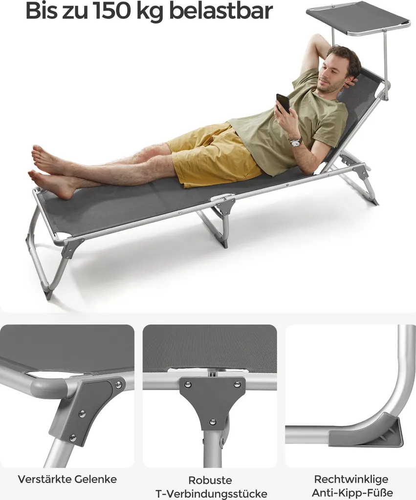 SONGMICS Sonnenliege, Klappbarer Liegestuhl, 193 X 55 X 31 Cm, Max. Belastbarkeit 150 Kg, Mit Sonnenschutz, Verstellbare Rückenlehne, Für Terrasse Pool Garten, Rauchgrau GCB19GYV1 6 SONGMICS Sonnenliege, Klappbarer Liegestuhl, 193 X 55 X 31 Cm, Max. Belastbarkeit 150 Kg, Mit Sonnenschutz, Verstellbare Rückenlehne, Für Terrasse Pool Garten, Rauchgrau GCB19GYV1 - Image 6