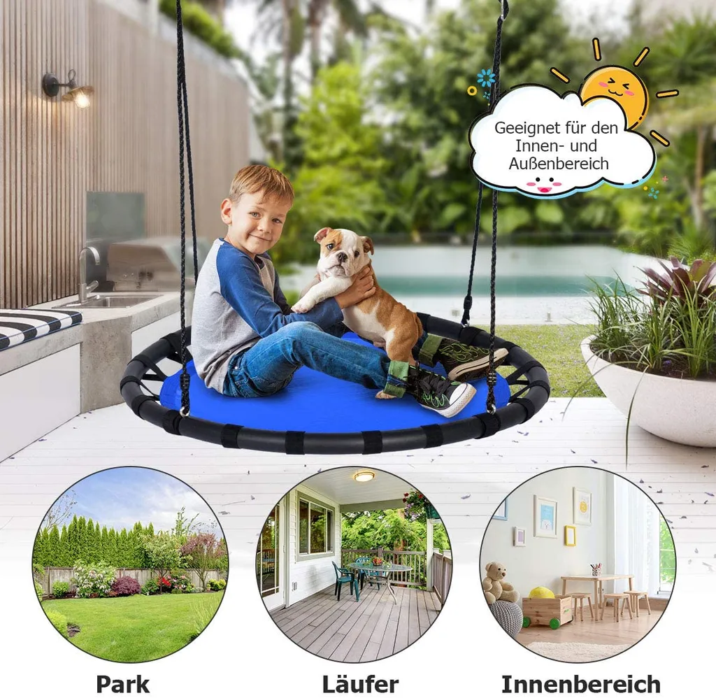 COSTWAY Ø100cm Nestschaukel Kinderschaukel, Rundschaukel 100-160cm Verstellbaren Seil, Baumschaukel 150kg Tragkraft, Tellerschaukel Hängeschaukel Blau 3 COSTWAY Ø100cm Nestschaukel Kinderschaukel, Rundschaukel 100-160cm Verstellbaren Seil, Baumschaukel 150kg Tragkraft, Tellerschaukel Hängeschaukel Blau - Image 3