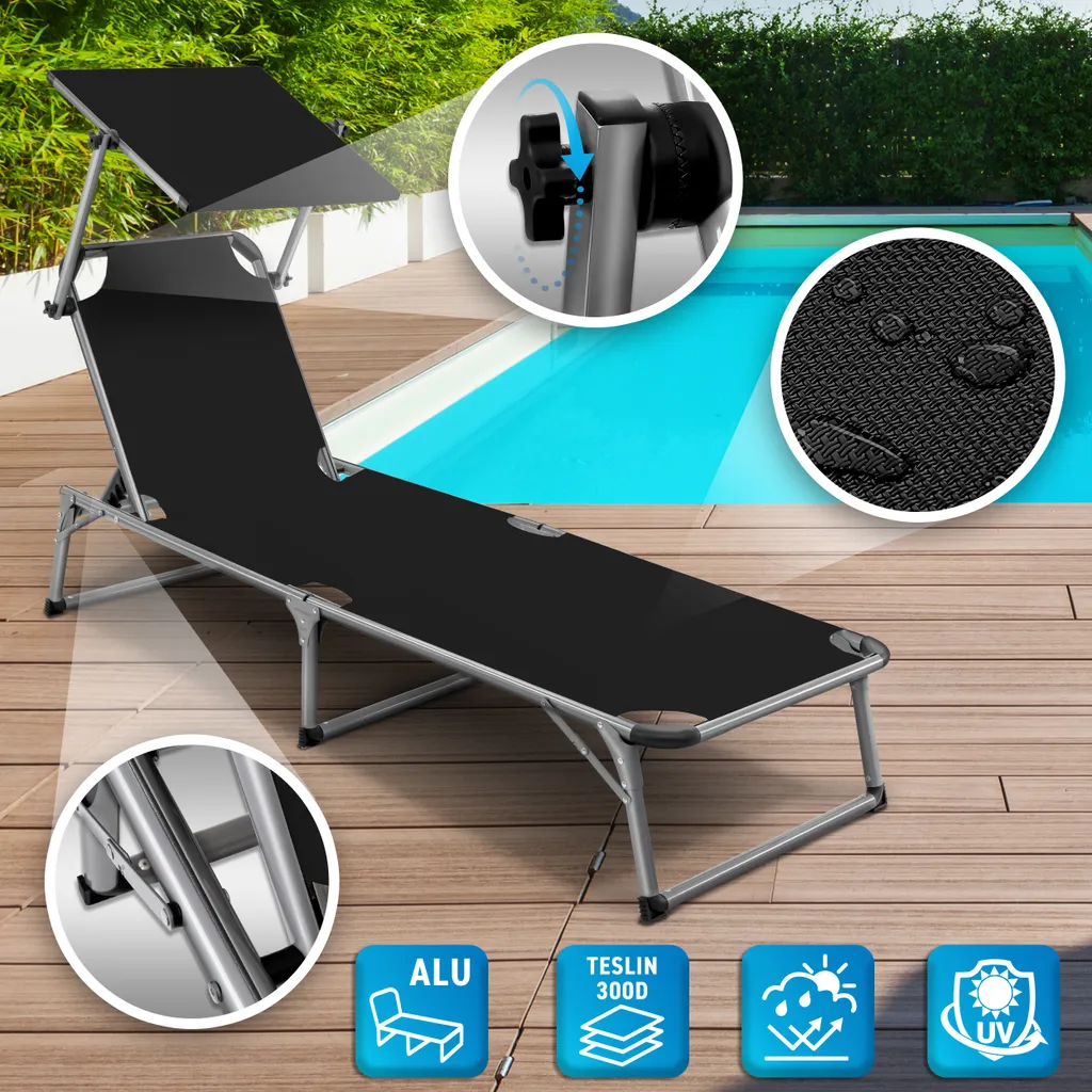 Tillvex® Sonnenliege Mit Dach Schwarz | Gartenliege Klappbar | Liegestuhl Mit 6-fach Verstellbarer Rückenlehne Und Tragegriff 2 Tillvex® Sonnenliege Mit Dach Schwarz | Gartenliege Klappbar | Liegestuhl Mit 6-fach Verstellbarer Rückenlehne Und Tragegriff - Image 2