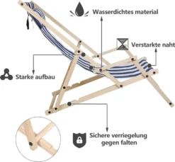 Wolketon Gartenliege Klappbar Holz Liegestuhl Mit Armlehnen Und Kopfkissen Abnehmbarem Strandliege Fuer Den Garten, Terrasse Und Balkon 120 Kg Max.(Blau-Weiss-gestreift) -Stil Beet Verkaufsgeschäft 95662a4d623bc314b6f69083a5a3eb05