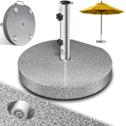 KESSER® Granit Sonnenschirmständer Mit Edelstahlrohr, Hochwertiger Schirmständer Sockel 25KG - Für Schirmstöcke Bis 16-48 Mm, Inkl. Transport Griff Garten Balkonschirmständer, Farbe:Grau, Größe:Rund