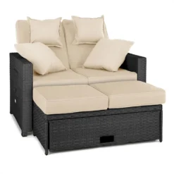 Blumfeldt Komfortzone - Gartensofa , Terrassen-Sofa , Rattan-Sofa , 2 Personen , Sitzpolster , Stabiles Stahlrohr , Ausziehbarer Fußteil , Klappbare Rückenlehne , Bis 200 Kg , Inkl. 2 X Kissen , Grau -Stil Beet Verkaufsgeschäft 996b0b0337bc20966f23842bfd210f39