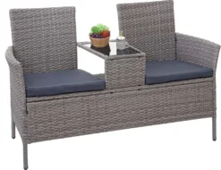 Poly-Rattan Sitzbank Mit Tisch MCW-E24, Gartenbank Sitzgruppe Gartensofa, 132cm Grau, Kissen Dunkelgrau