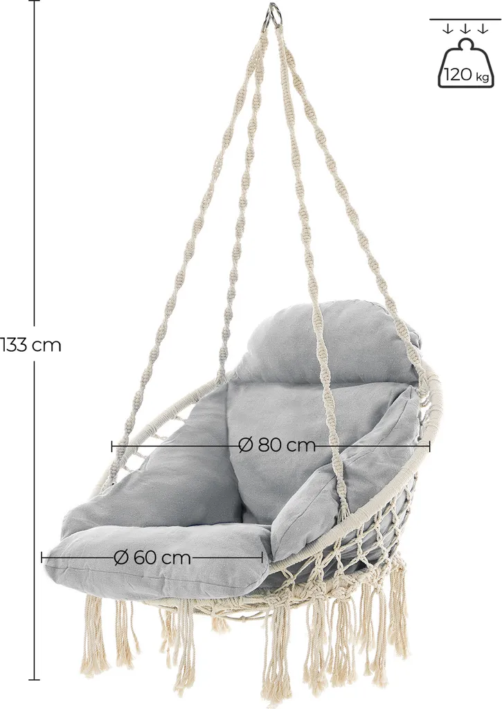 SONGMICS Hängesessel Hängestuhl Hängeschaukel Hängekorbmit Einem Dicken Kissen Bis 120 Kg Belastbar Für Garten Balkon Wohnzimmer Terrasse Skandinavischer Stil Modern Beige-grau 8 SONGMICS Hängesessel Hängestuhl Hängeschaukel Hängekorbmit Einem Dicken Kissen Bis 120 Kg Belastbar Für Garten Balkon Wohnzimmer Terrasse Skandinavischer Stil Modern Beige-grau – Bild 8
