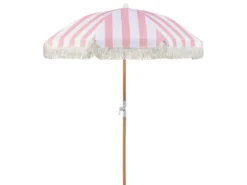 Sonnenschirm Rosa Stoff-Bespannung Rund ⌀ 150 Cm Mit Volant Regenschutz Holzmast Neigungsfunktion Kurbel Boho Garten Outdoor Balkon Terrasse