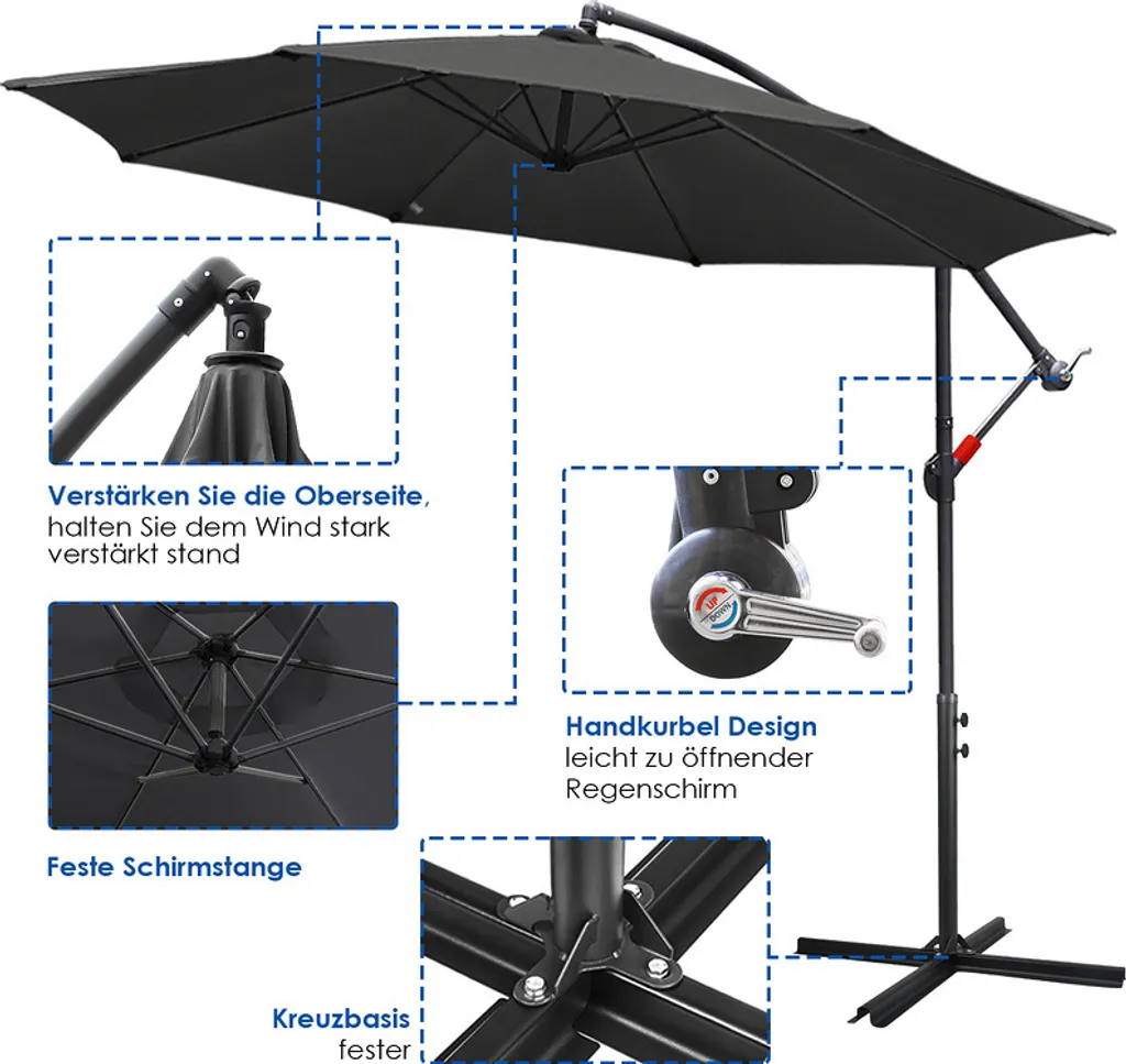 Lospitch 3.5m Sonnenschirm Ampelschirm Gartenschirm Terrassen UV40+ Marktschirm,Grau,3.5m 3 Lospitch 3.5m Sonnenschirm Ampelschirm Gartenschirm Terrassen UV40+ Marktschirm,Grau,3.5m - Image 3