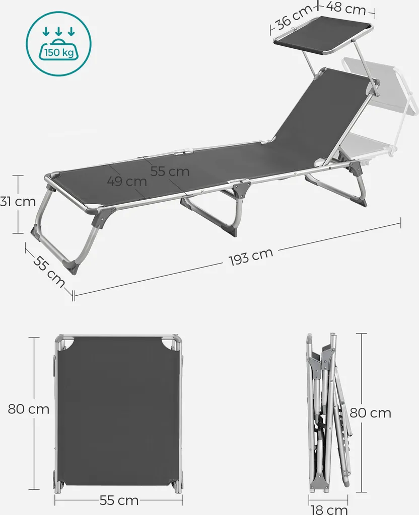 SONGMICS Sonnenliege, Klappbarer Liegestuhl, 193 X 55 X 31 Cm, Max. Belastbarkeit 150 Kg, Mit Sonnenschutz, Verstellbare Rückenlehne, Für Terrasse Pool Garten, Rauchgrau GCB19GYV1 7 SONGMICS Sonnenliege, Klappbarer Liegestuhl, 193 X 55 X 31 Cm, Max. Belastbarkeit 150 Kg, Mit Sonnenschutz, Verstellbare Rückenlehne, Für Terrasse Pool Garten, Rauchgrau GCB19GYV1 - Image 7
