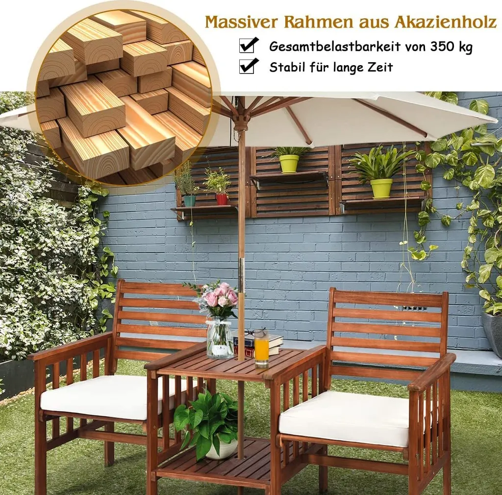 COSTWAY Gartenbank Holz Mit Doppelsitz Und Beistelltisch, Holzbank Bis 350kg Sitzbank Inkl. Kissen & Schirmloch, Terrassenbank Für Balkon, Garten, Veranda 5 COSTWAY Gartenbank Holz Mit Doppelsitz Und Beistelltisch, Holzbank Bis 350kg Sitzbank Inkl. Kissen & Schirmloch, Terrassenbank Für Balkon, Garten, Veranda - Image 5
