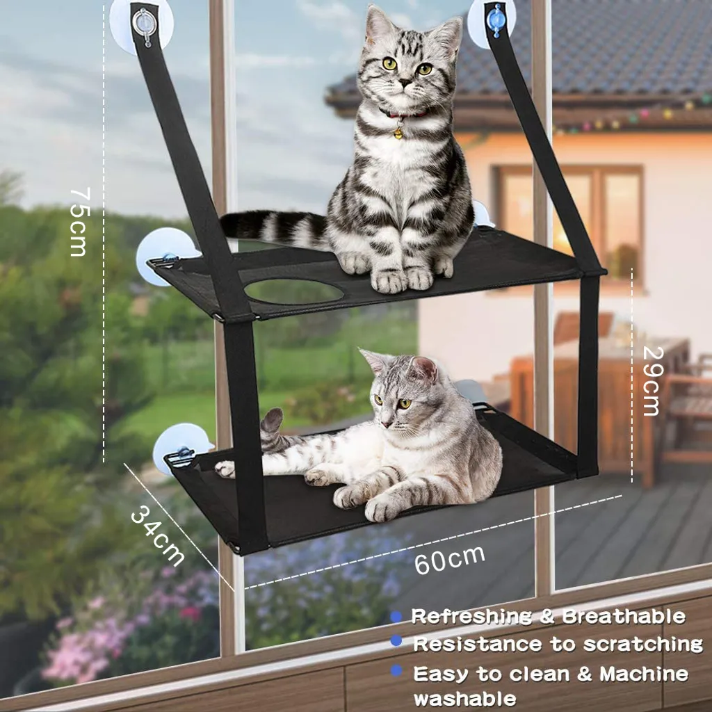 Katzen-Fenstersitz, Katzen-Hängematte, Fenstersitz, Doppelt Für Große Katzen, Platzsparend, Fenstermontage, Langlebig, Sicherheitskatzen-Sitzstange Mit 6 Saugnäpfen, Geeignet Für Große Und Kleine Katzen,Schwarz,doppellagig 2 Katzen-Fenstersitz, Katzen-Hängematte, Fenstersitz, Doppelt Für Große Katzen, Platzsparend, Fenstermontage, Langlebig, Sicherheitskatzen-Sitzstange Mit 6 Saugnäpfen, Geeignet Für Große Und Kleine Katzen,Schwarz,doppellagig - Image 2
